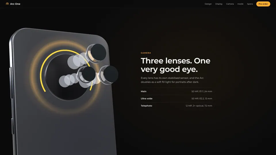 One camera section: a close-up of the camera island with the glass elements of three lenses fanned out