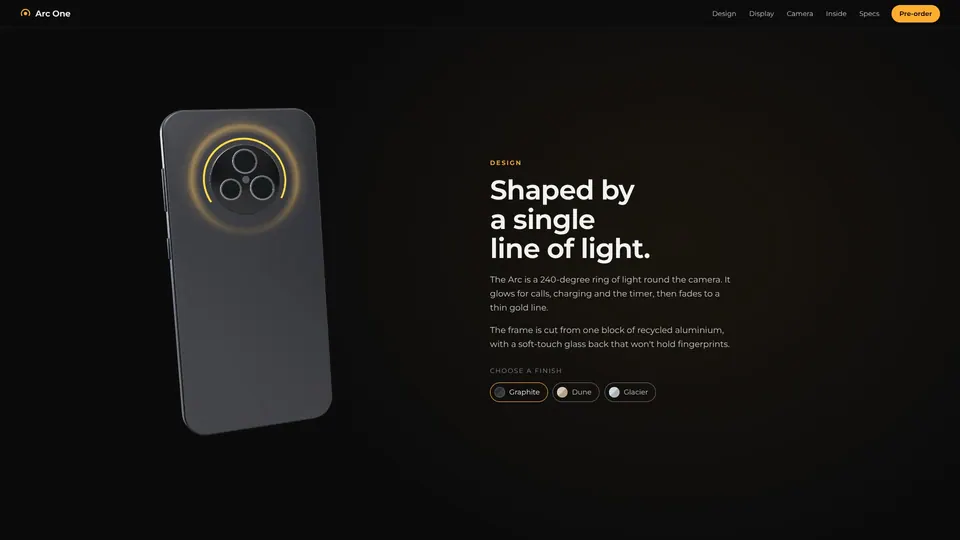 Arc One design section: the back of the phone with a gold light ring round the round camera island, and Graphite, Dune and Glacier finish buttons
