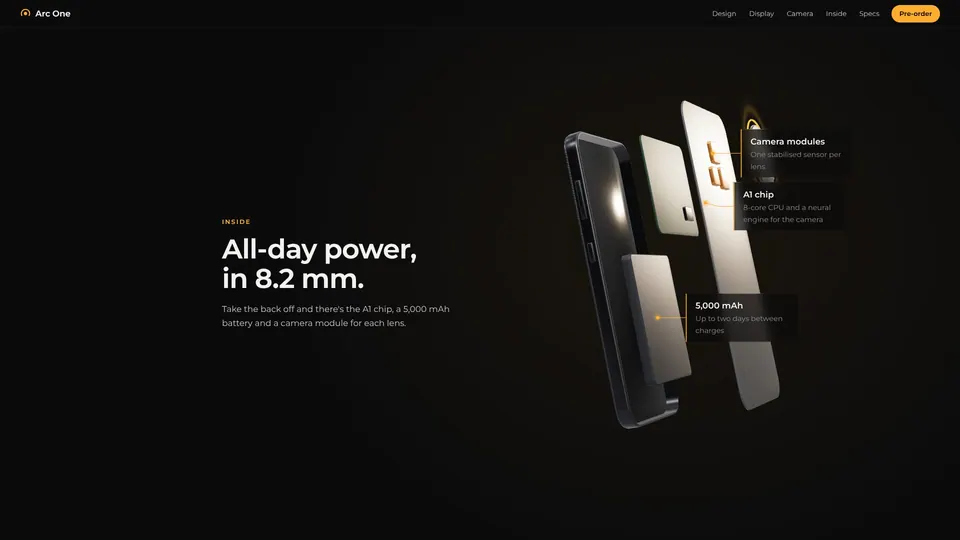 Arc One inside section: the phone with its back lifted off, and labels for the camera modules, chip and 5,000 mAh battery