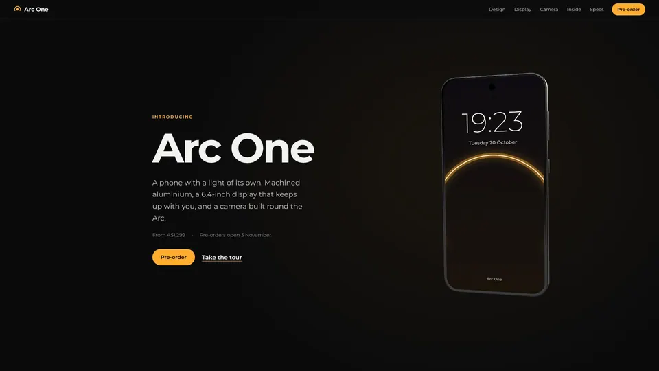 Arc One launch page: the heading "Arc One" beside a 3D phone showing a lock screen with a glowing gold arc