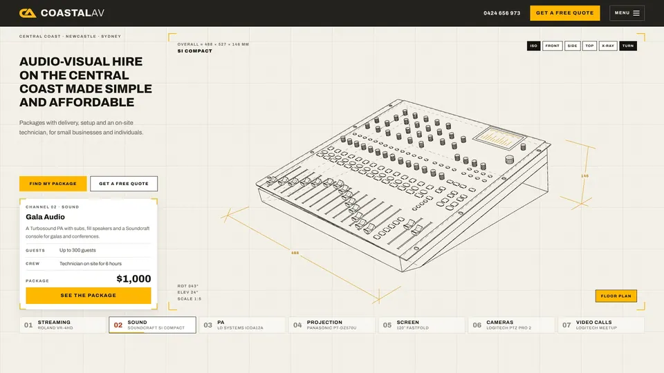 Coastal AV home page: the heading "Audio-visual hire on the Central Coast made simple and affordable" beside a 3D line drawing of a Soundcraft Si Compact mixing desk on drafting paper