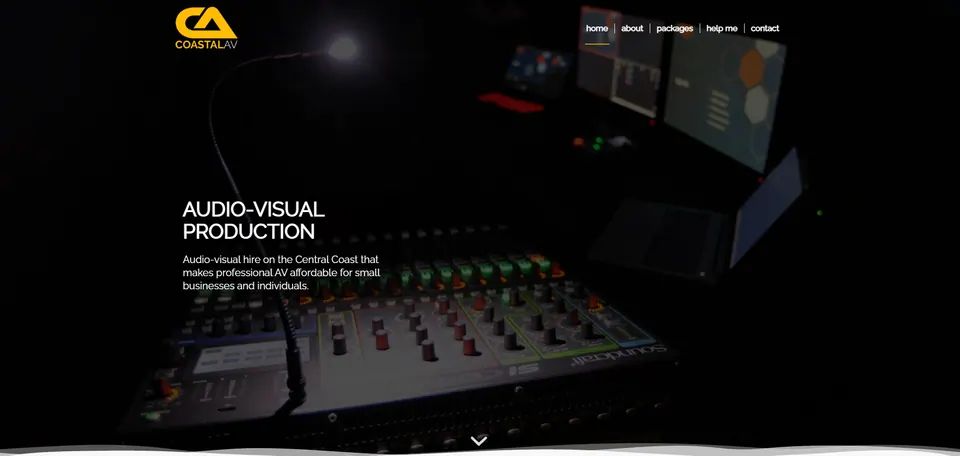 Coastal AV website home page: the CA logo above a dark studio scene with a lit mixing console and the heading "Audio-visual production"