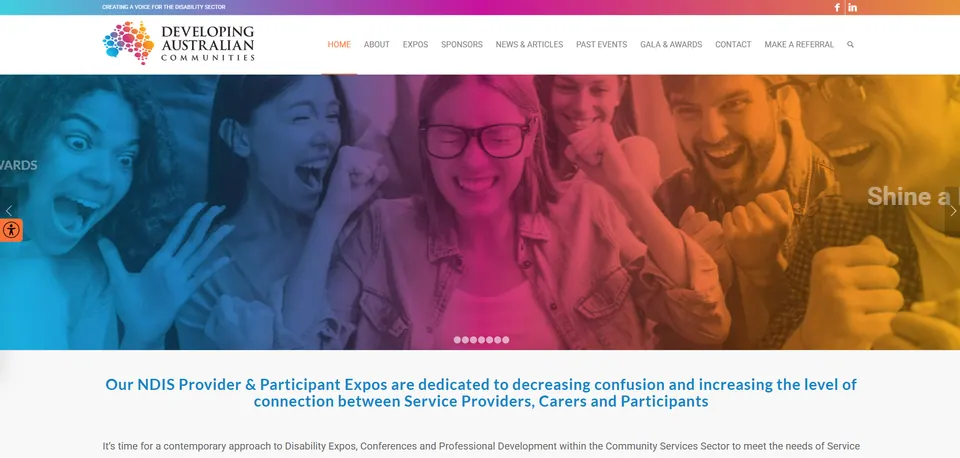 DAC Expos website home page: the Developing Australian Communities logo over a colourful banner of people celebrating, introducing the NDIS provider and participant expos