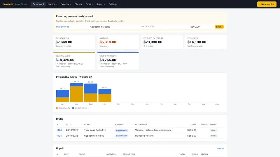 Invoicer dashboard with demo data: outstanding and overdue totals, financial-year figures for two trading names, invoiced-by-month chart and draft invoices