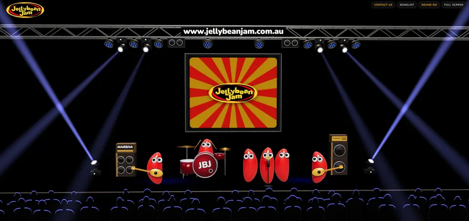 Jellybean Jam 3D stage: cartoon jellybean band members under moving-head lights, in front of a red and gold sunburst screen