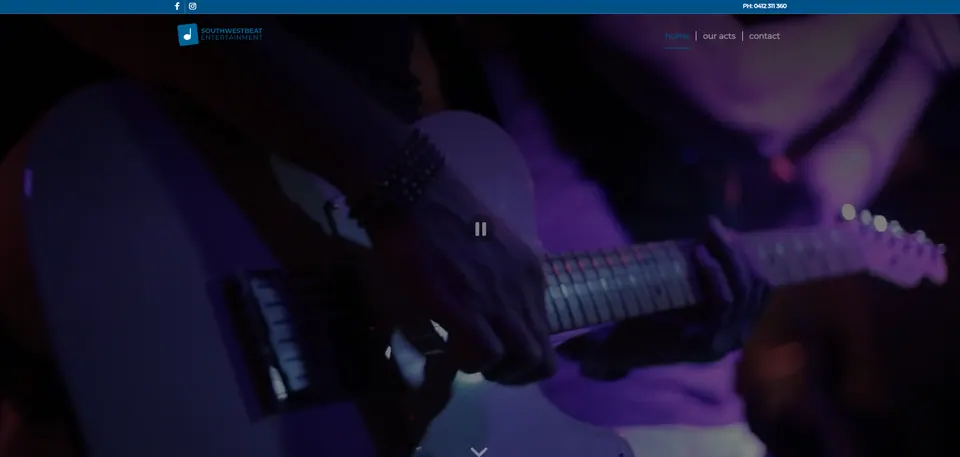 Southwestbeat Entertainment website home page: a full-screen video of a guitarist playing under purple stage light, with the logo and navigation above