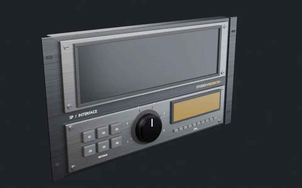 The SP rack interface: a brushed-metal 3D rack with a rotary knob, LED counter and screen