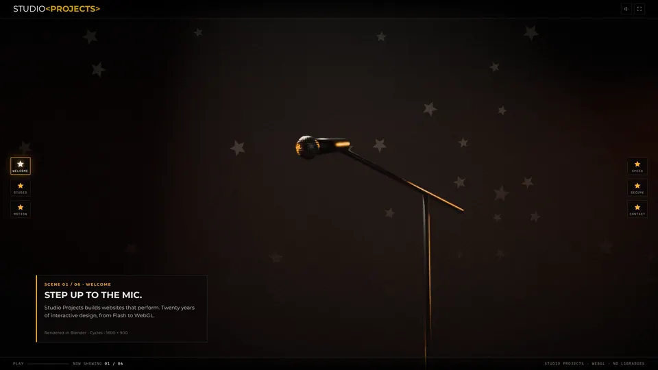 The SP stage interface: a microphone on a starry stage behind the Studio Projects logo, star buttons for six scenes down both edges, a scene panel reading "Step up to the mic." and a status bar
