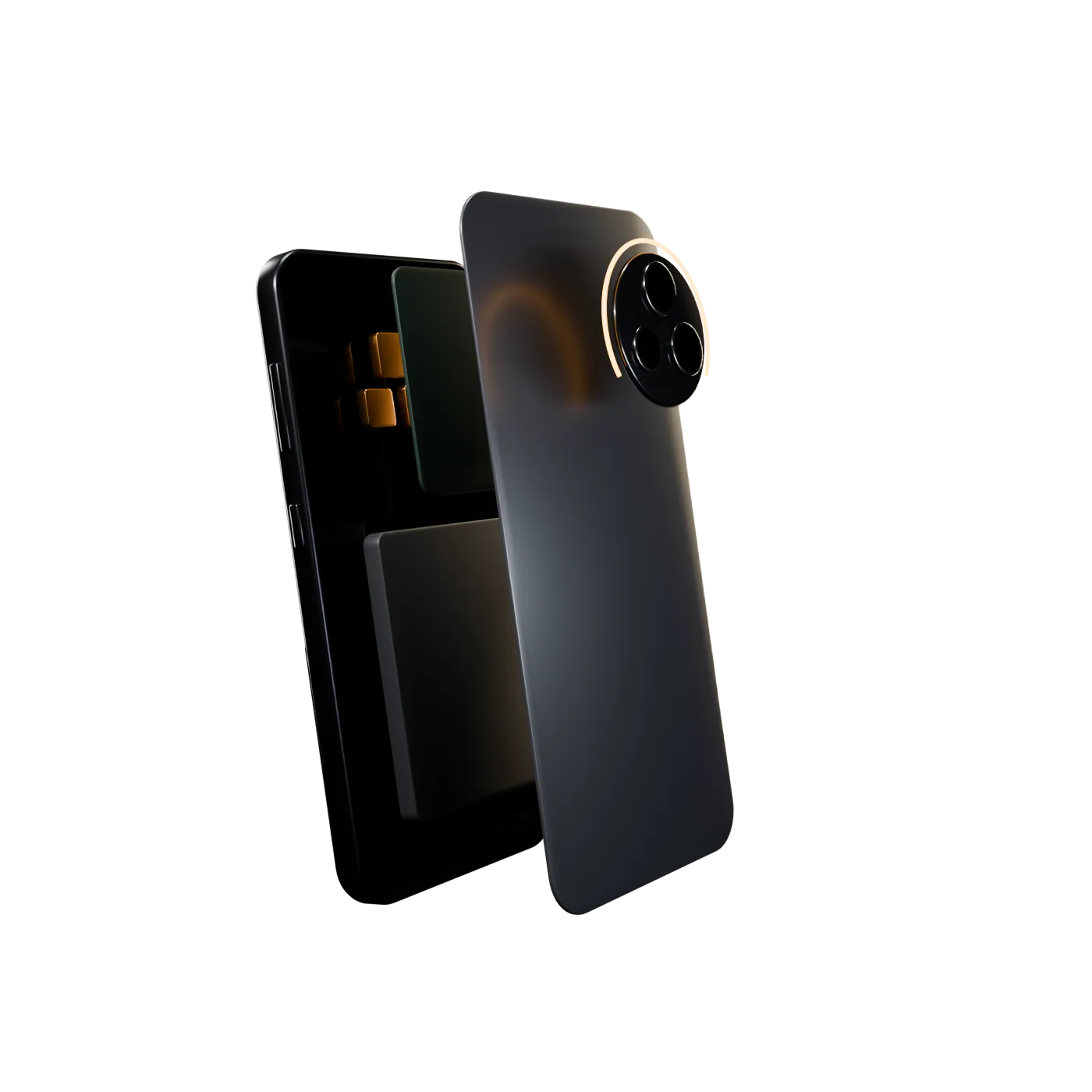 Arc One with the back lifted off, showing the chip, battery and camera modules